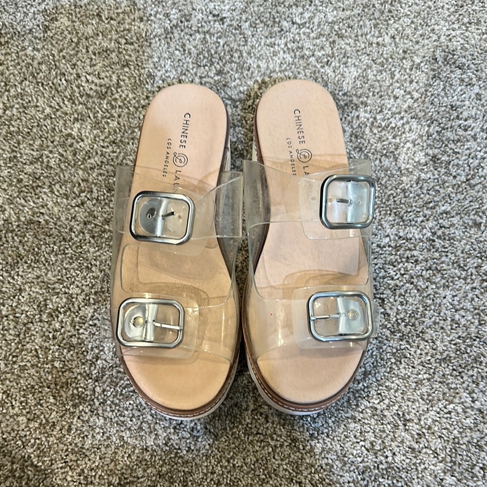 Chinese Laundry Cream Mules with Adjustable Buckles